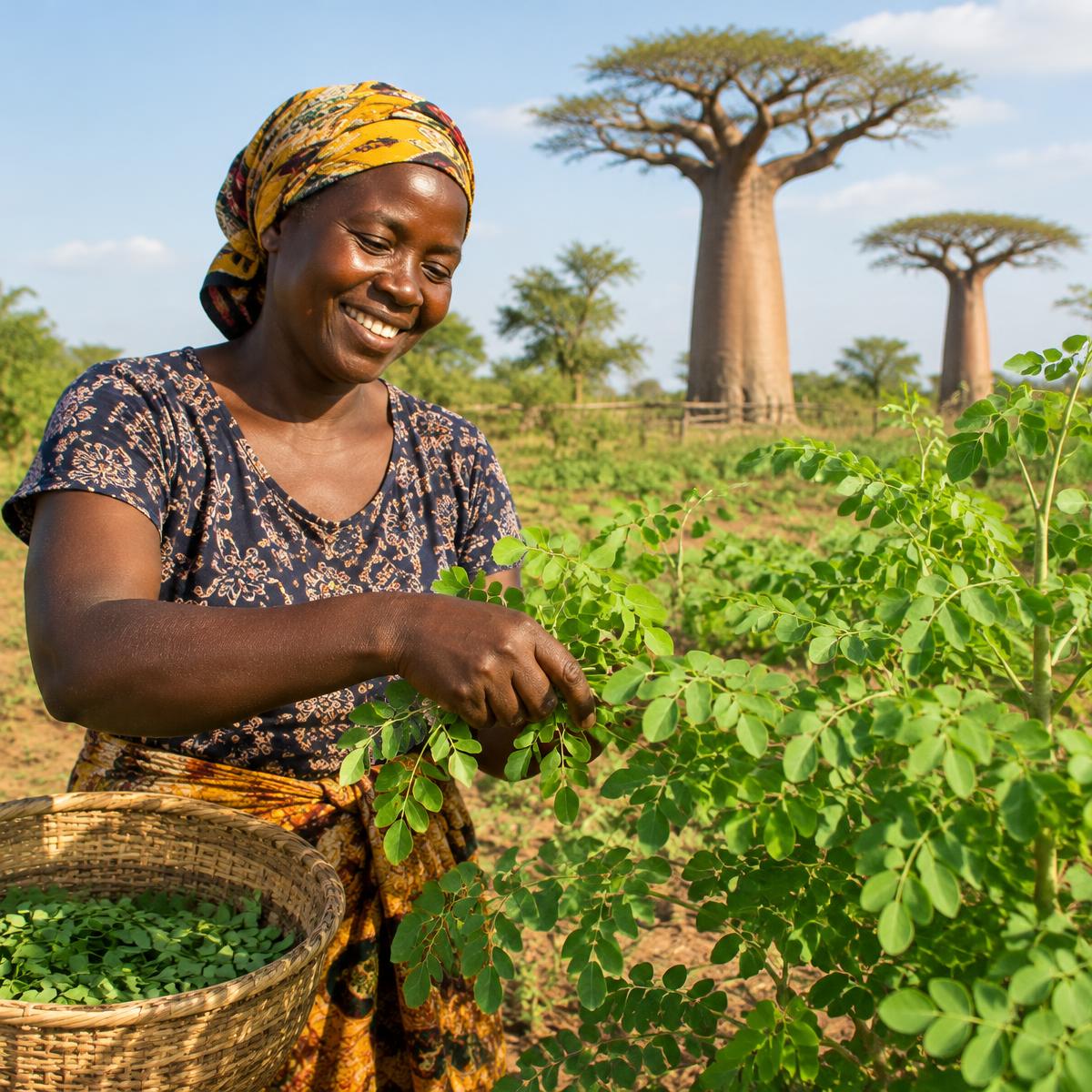 Farmer harvesting moringa